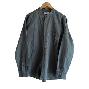 Uniqlo Button Front Shirt Men Medium Green Linen Blend Stand Collar Long Sleeve